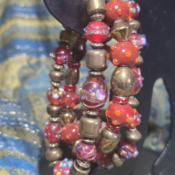 Artisan Red and Golden Brass Glass Bead Stretch Bracelet Set - Picture 3 of 3